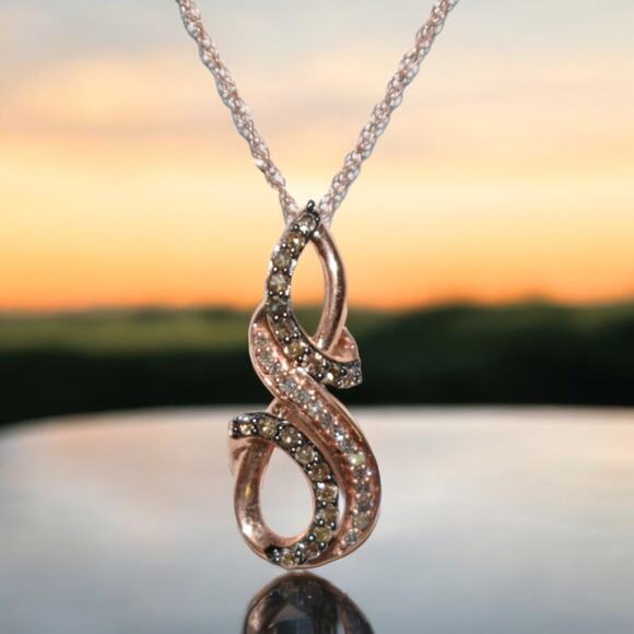 Brown White Diamond Pendant Necklace 10k Rose Gold 18 inch Chain - Picture 2 of 4